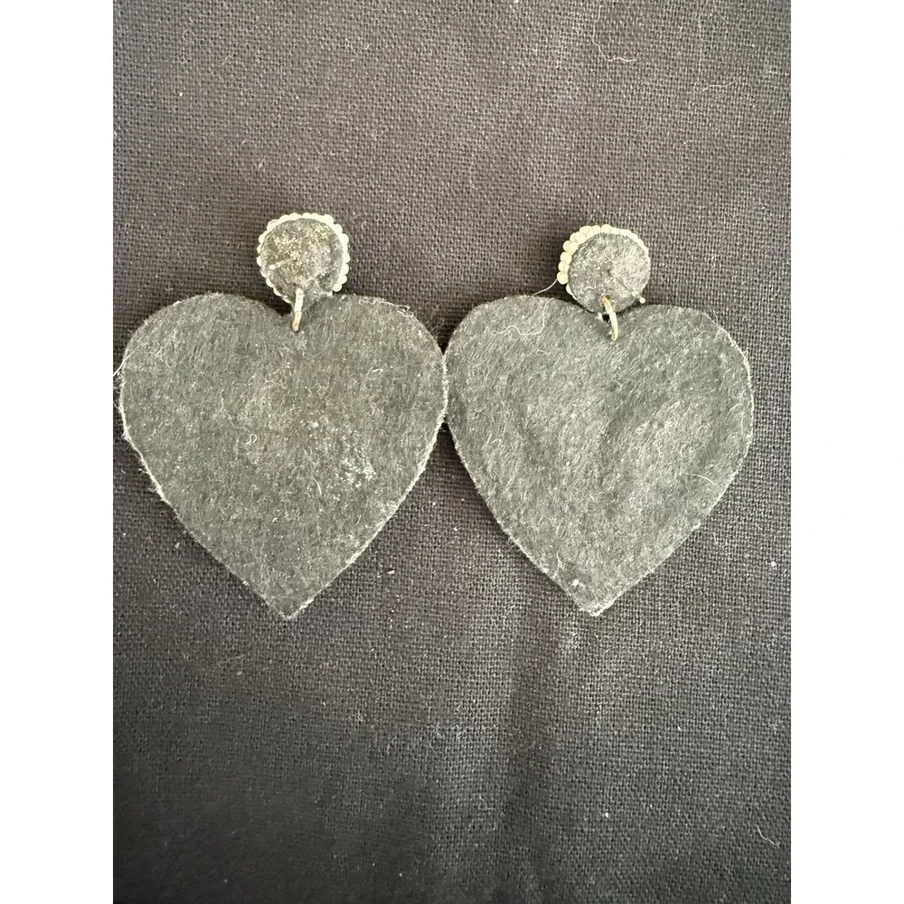 Antique Handcrafted Beaded Heart Dangle Earrings Pink Gold White Fabric Post